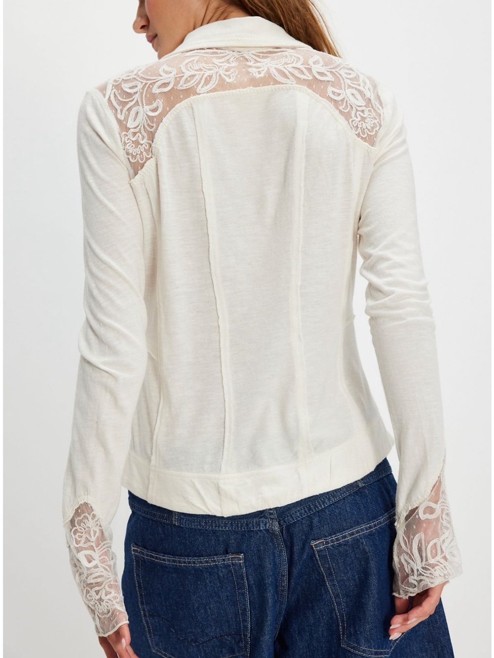 Free People Rosebud Cuff Sheer Lace Yoke Button-Front Blouse in Ivory - Picture 3 of 3